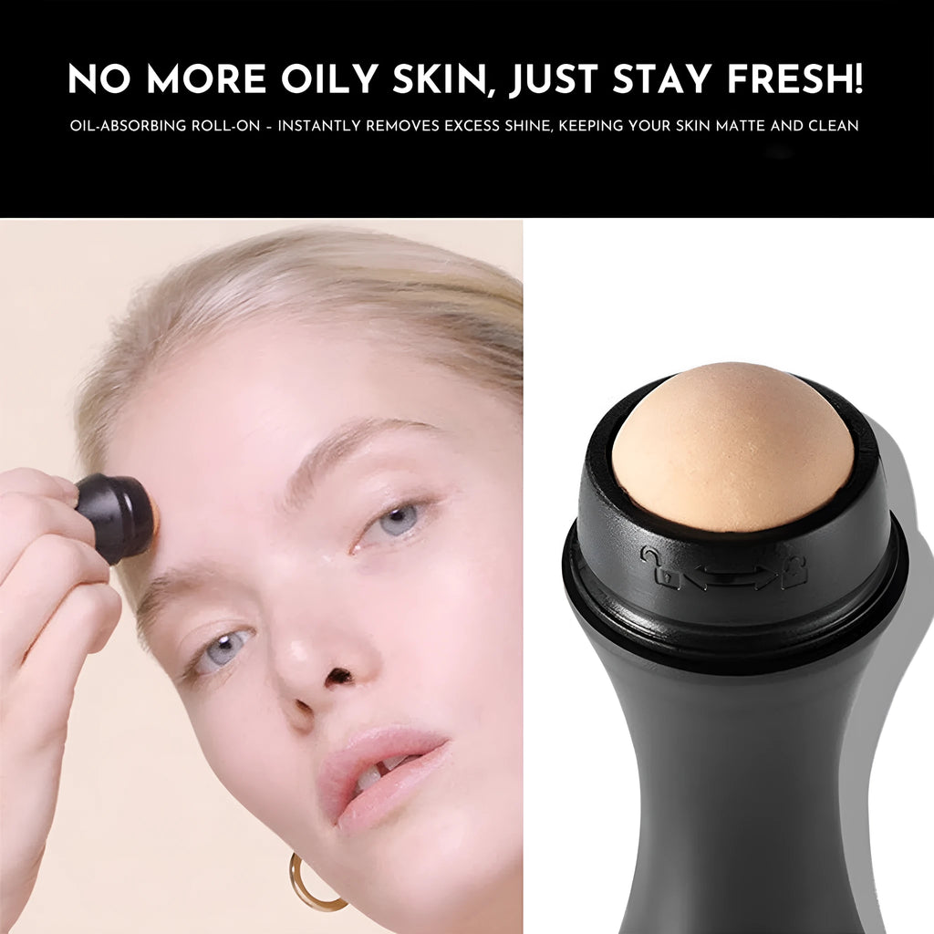 Volcanic stone portable roller for oily skin control in black, green, pink, and white.