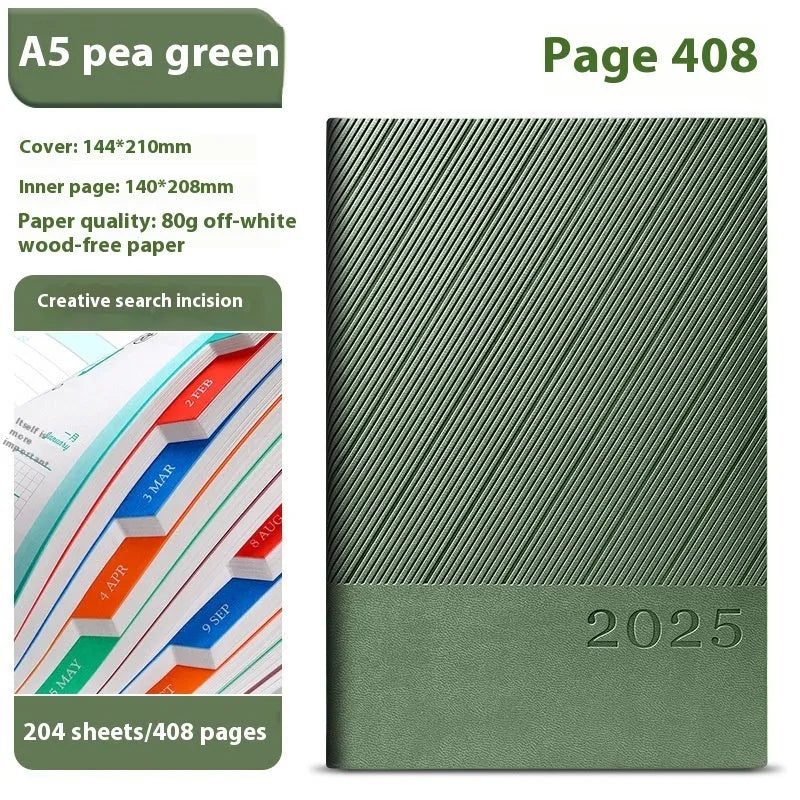 A4 notepad with striped PU leather cover open to show wood-free paper, available in eight colours.