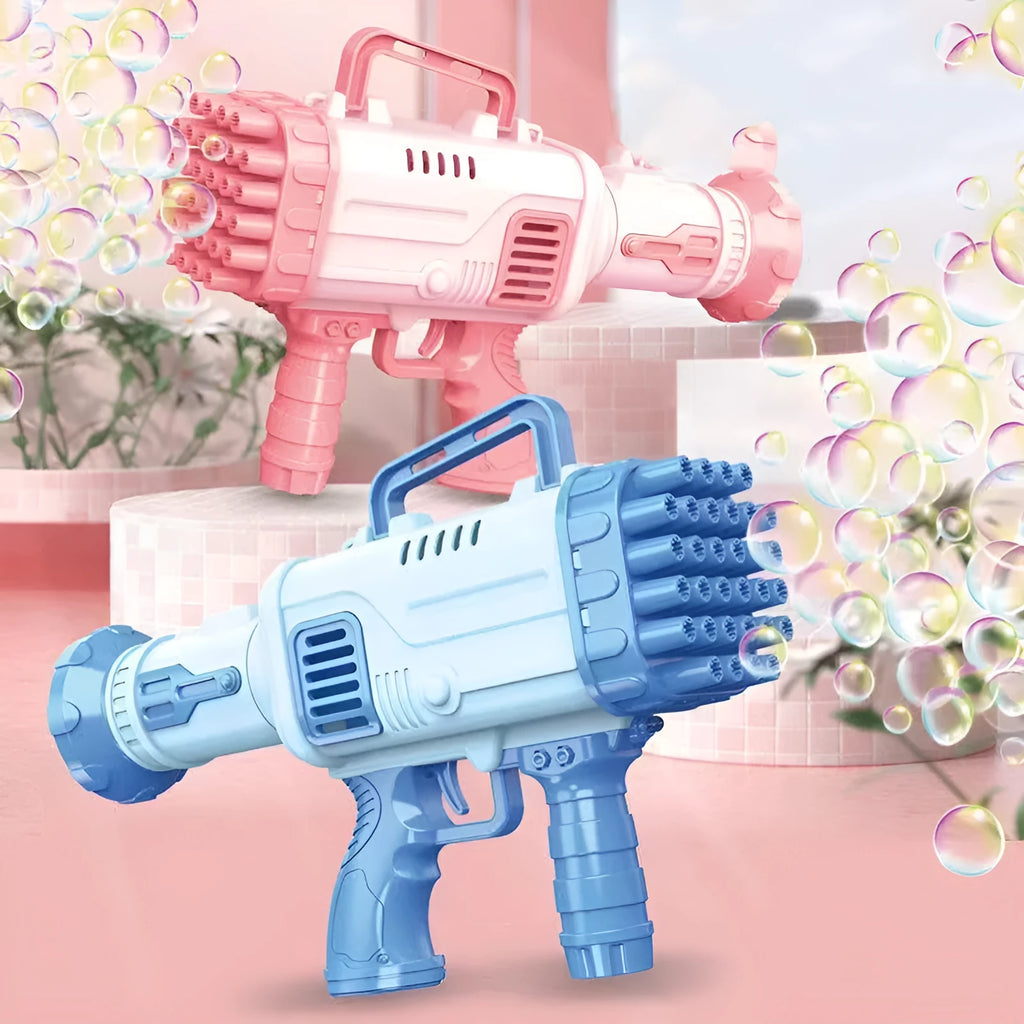 32-hole electric bazooka-style bubble gun toy in cherry pink colour with colourful lights illuminated.