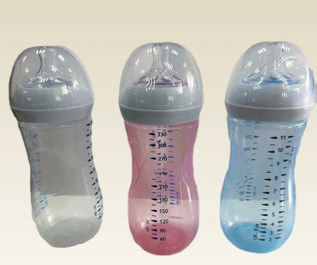 Petal nipple baby feeding bottle in transparent, pink purple, or light blue, 125ml or 330ml