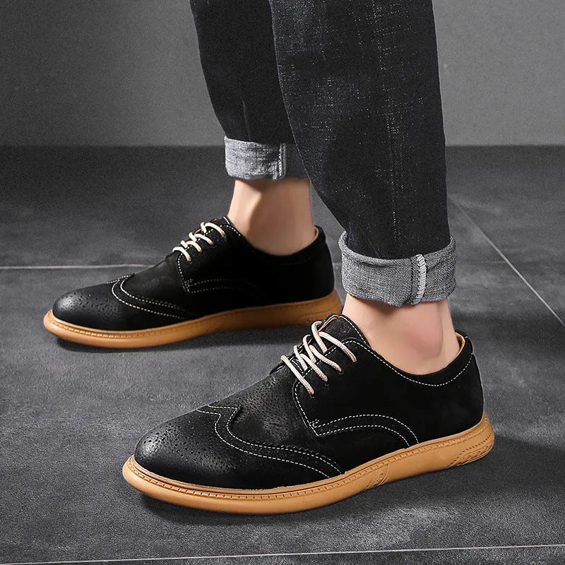 Men's black genuine cowhide leather business lace-up shoes with a rubber sole.
