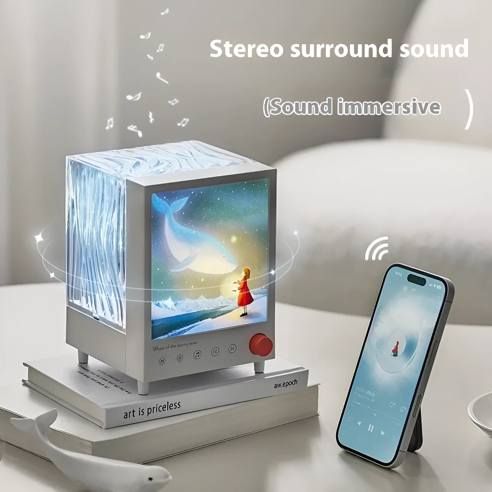 Aurora Treasure Box Star Sea Whale projection lamp with Bluetooth on a table.