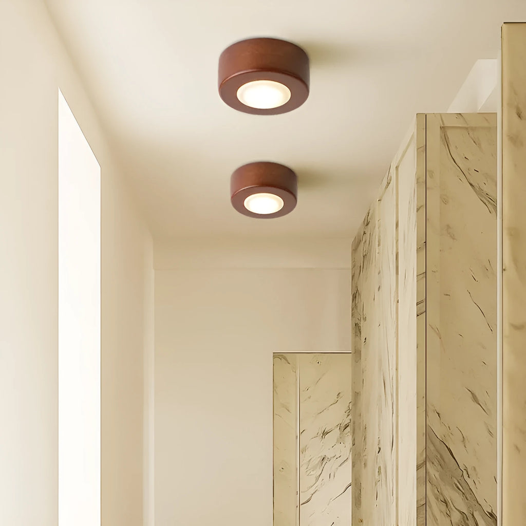 Round solid wood downlight with acrylic shade in walnut colour for corridor surface mounting