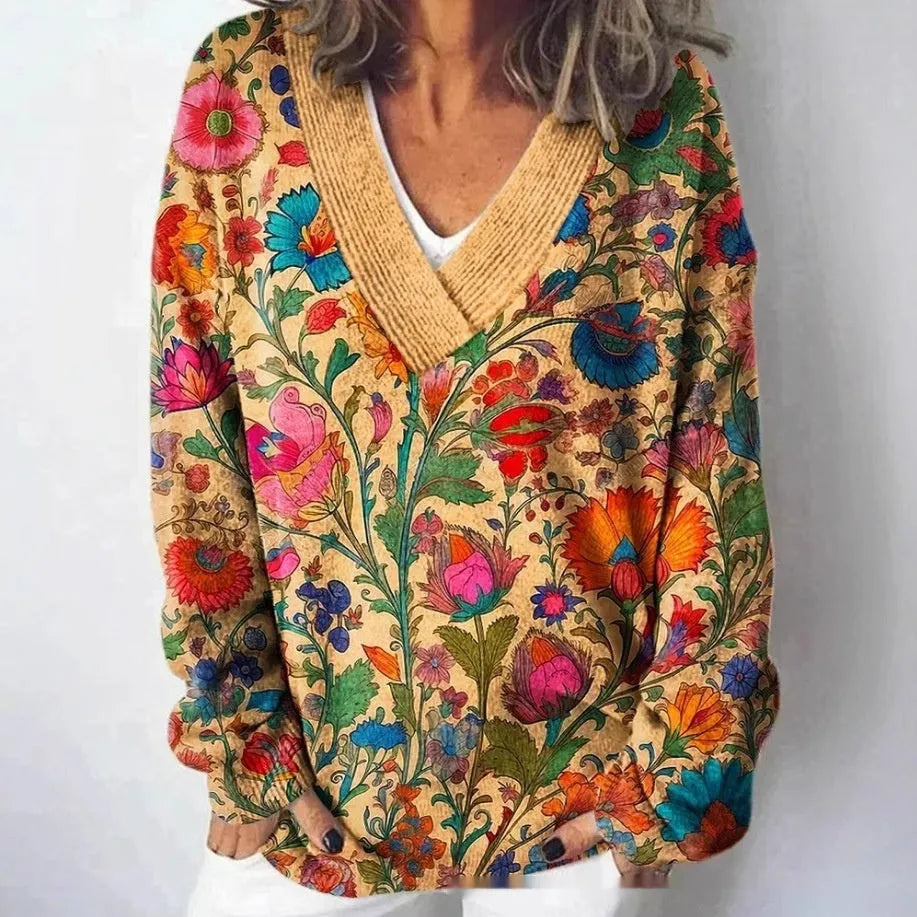 Women's V-neck long sleeve sweatshirt with a 3D floral print pattern.