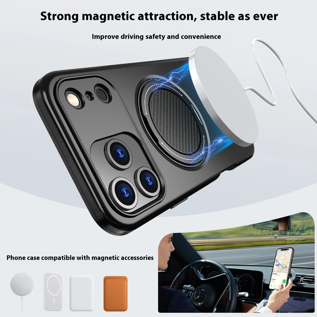 iPhone 17 Pro case with rotating damping magnetic bracket in TPU PC and aluminium alloy, black colour