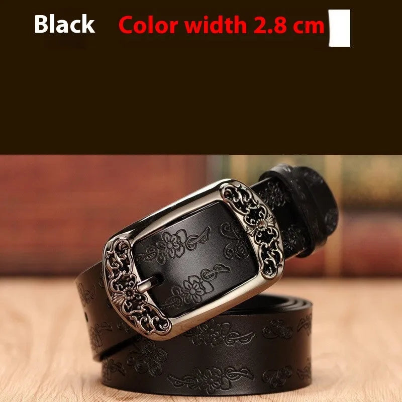 Women's thin decorative jeans belt with alloy buckle in black or brown colour options