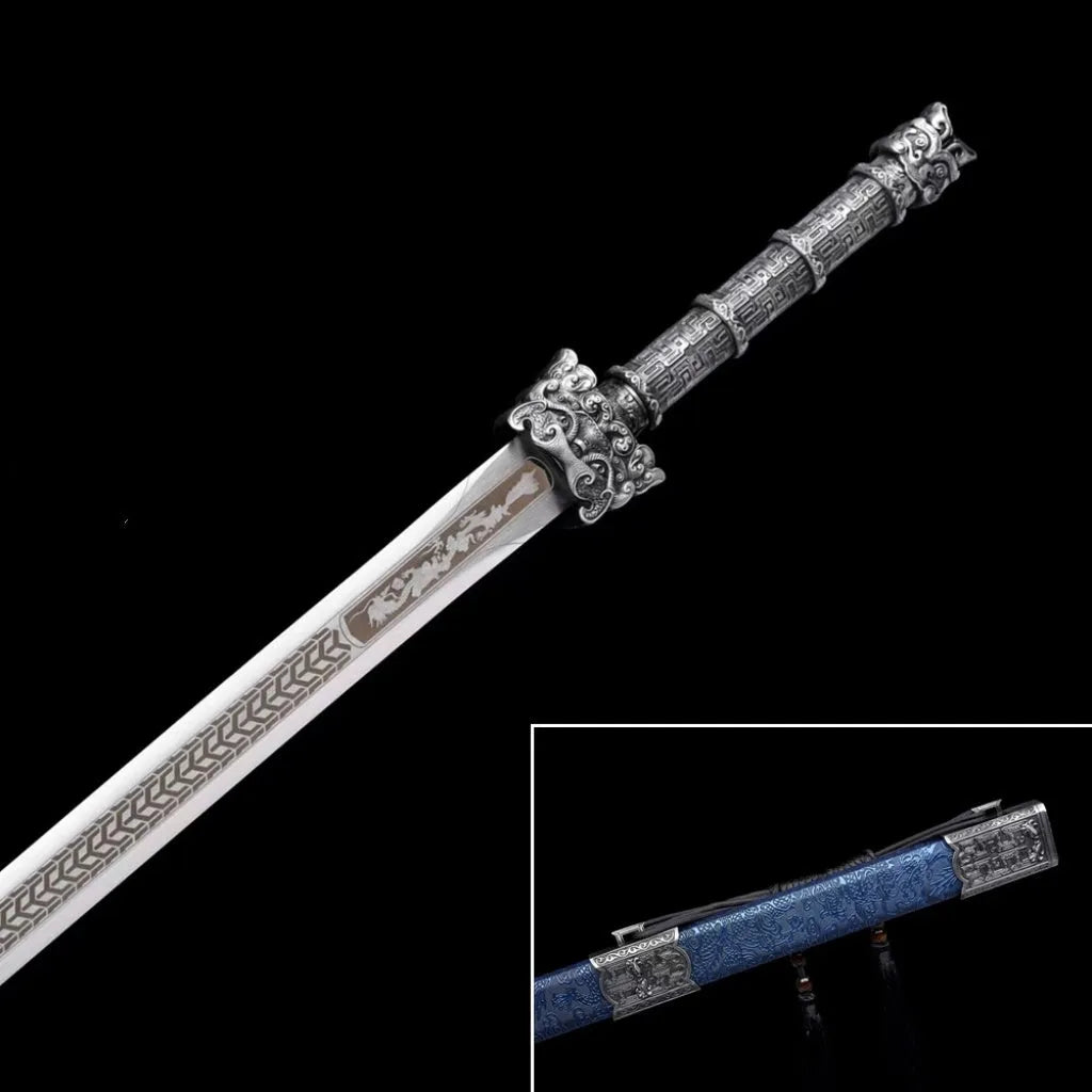 Ancient-style Tang sword with 73cm unsharpened high manganese steel blade, solid wood scabbard with leather covering