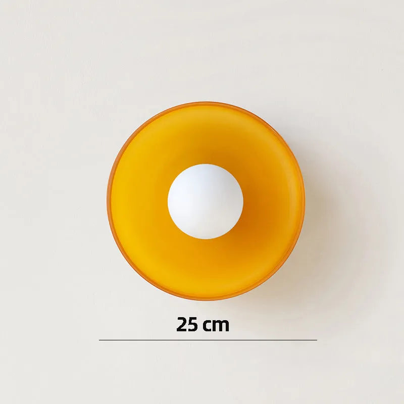 Round modern glass ceiling light fixture with white shade for corridor or porch
