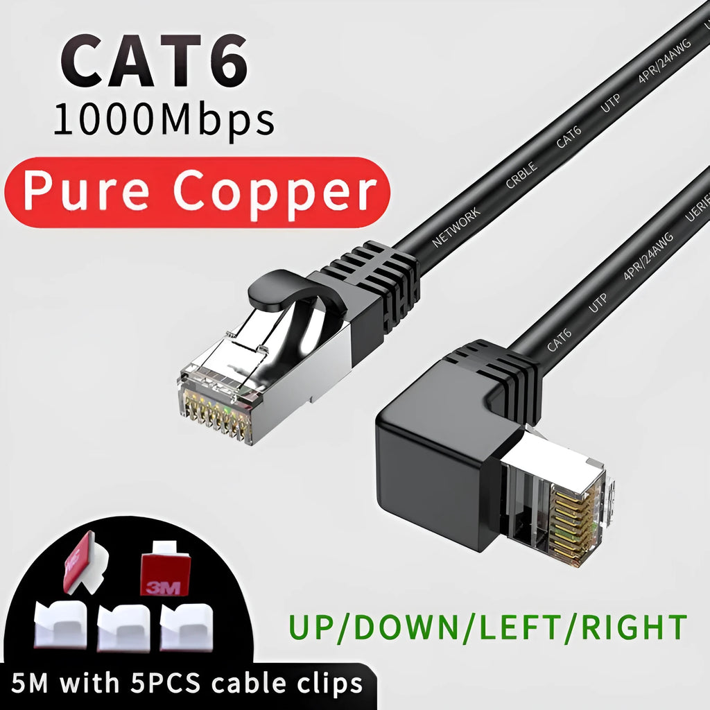 Cat6 Ethernet cable with a right-angle black RJ45 connector alongside cables in white, red, and yellow.