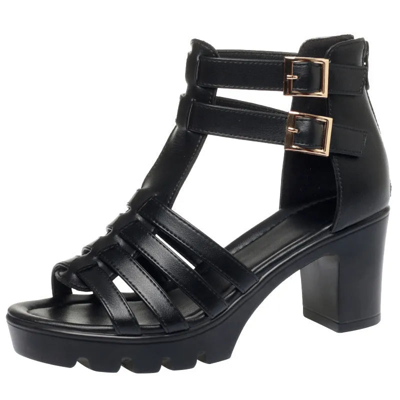 Women's hollow-out high heel sandals with buckle fastening in beige or black colours