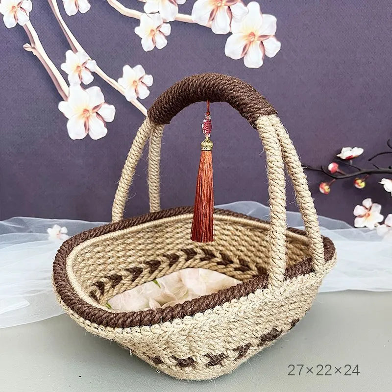Hand-woven hemp rope straw basket in coffee brown colour, 19cm diameter.