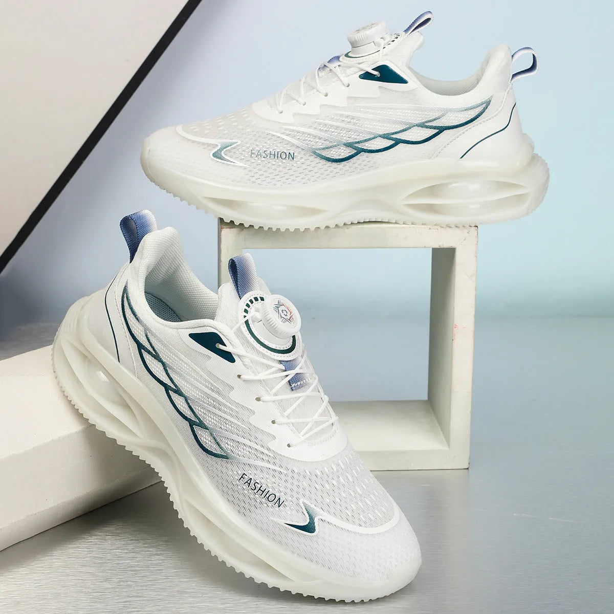 Pair of sky blue casual running shoes with mesh upper, round toe, and flat rubber sole on a white background.