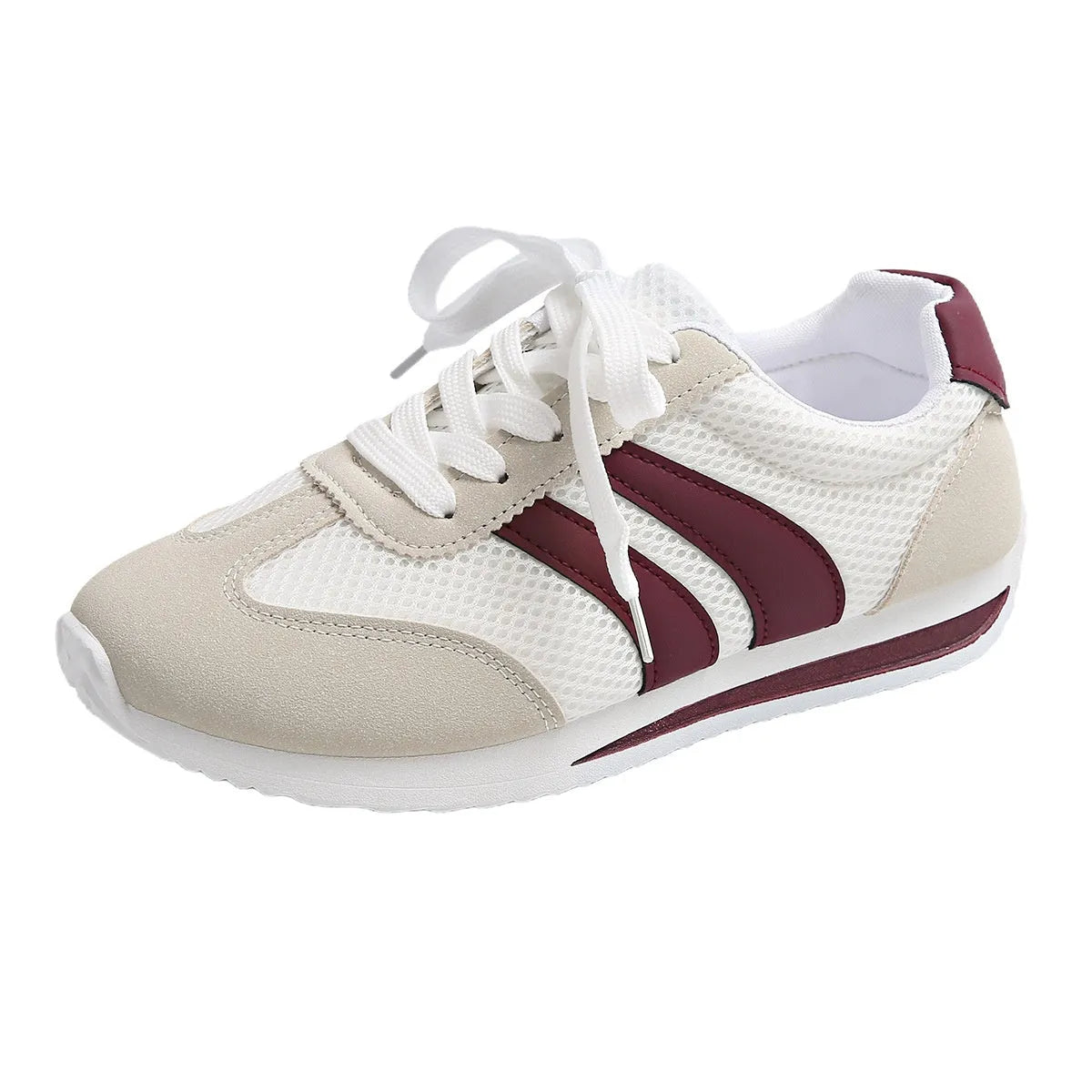 Wine red casual sneakers with cross straps over a breathable mesh and synthetic leather upper.