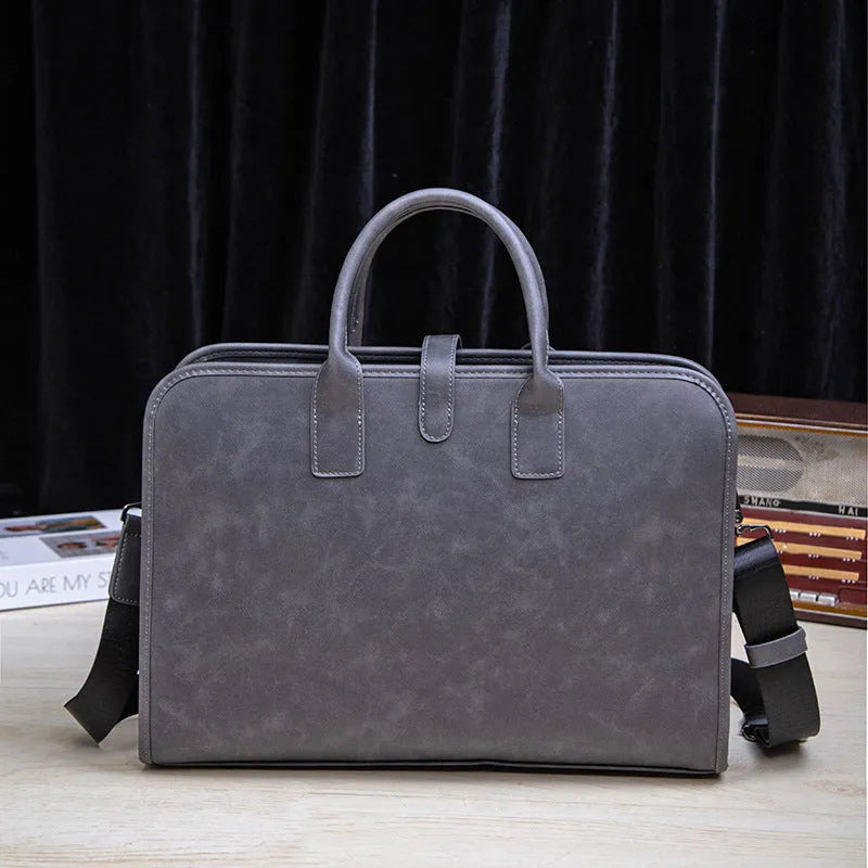 Men's dark gray waterproof PU business briefcase with rivet details, 41 cm wide, 30 cm high, 9 cm thick