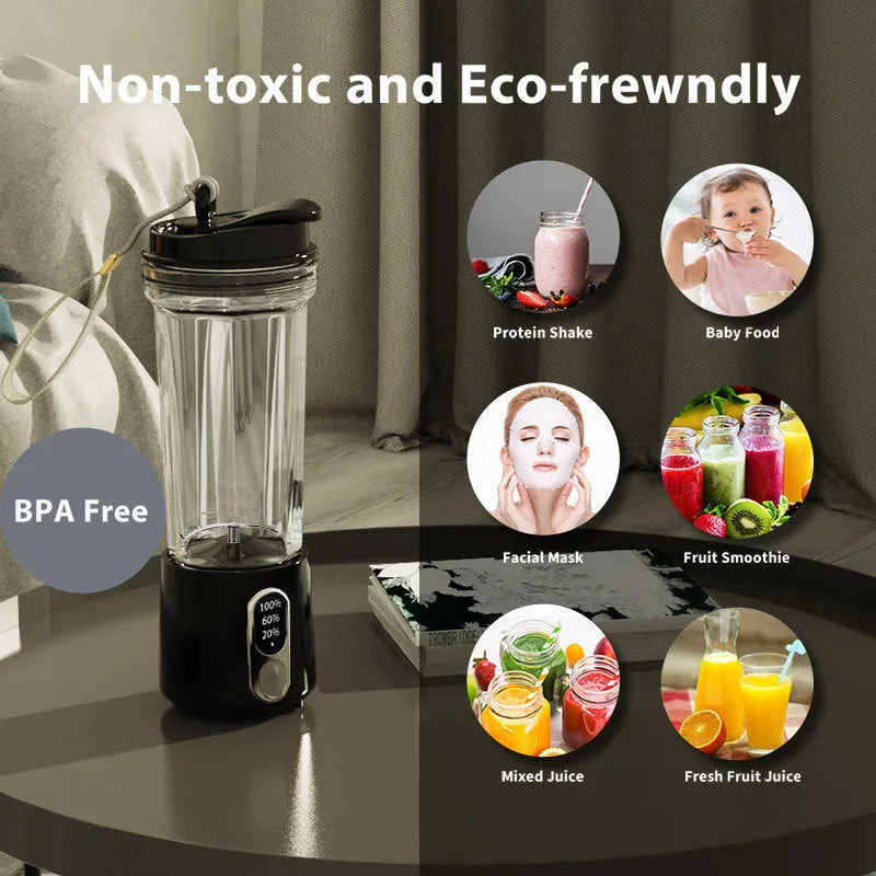 Portable USB rechargeable juicer cup 500ml in black plastic with lid and straw