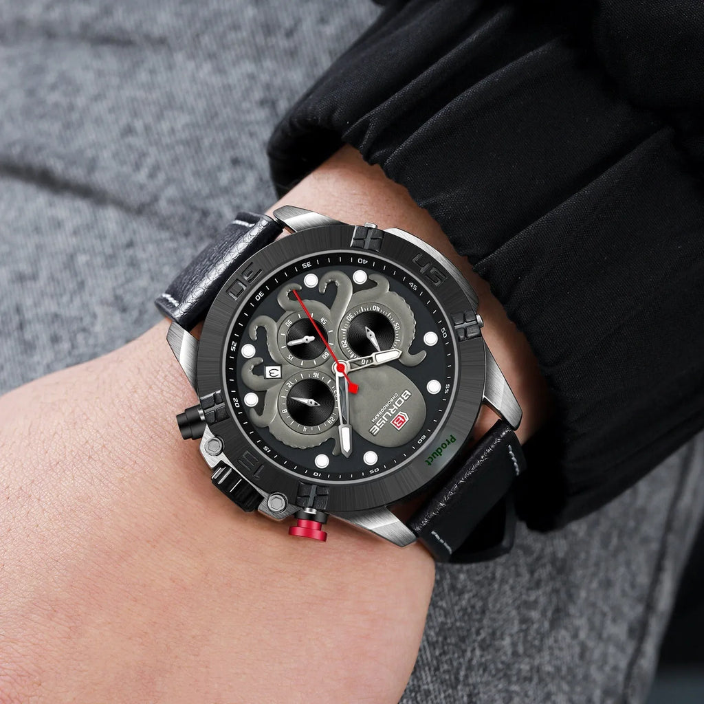 Men's octopus design waterproof luminous quartz watch on wrist in black or blue.