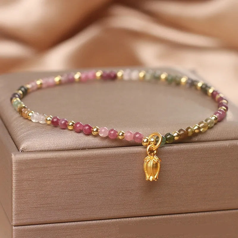 Natural tourmaline flower anklet for women with adjustable chain