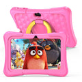 Blue 7-inch children's educational tablet with a silicone protective cover and a rotating carry handle attached.