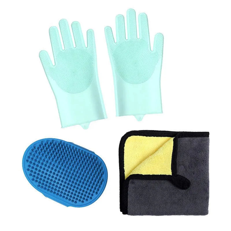 Silicone dog bathing gloves set in blue, pink or yellow, 3-piece to 9-piece options