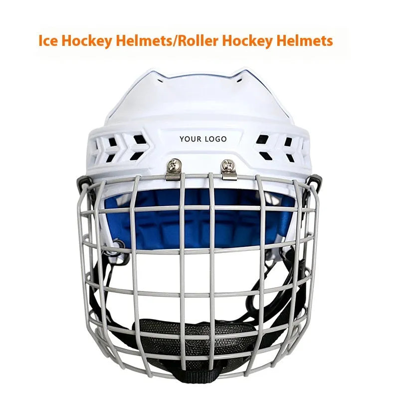 Ice hockey helmet with a carbon steel face mask, shown in an available size.