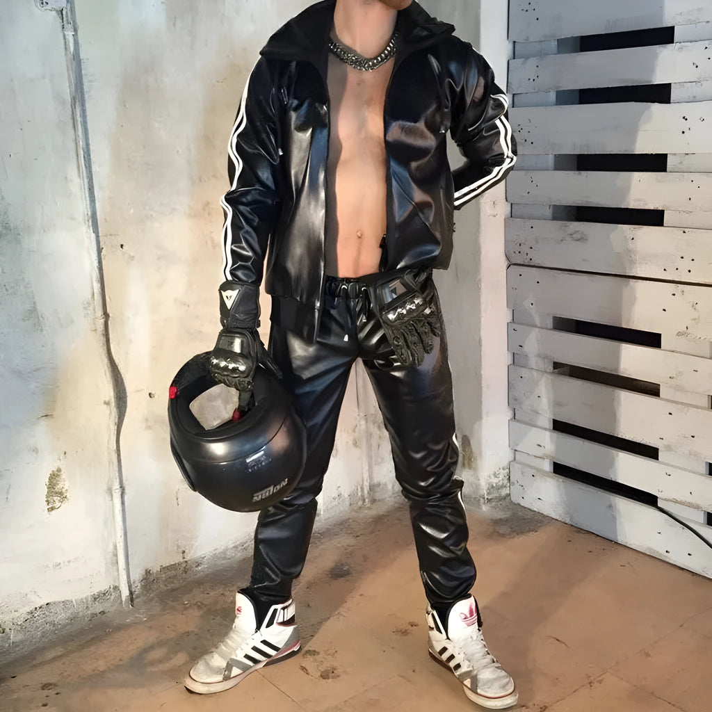 Men's black hooded PU leather sports jacket and matching trousers laid flat.