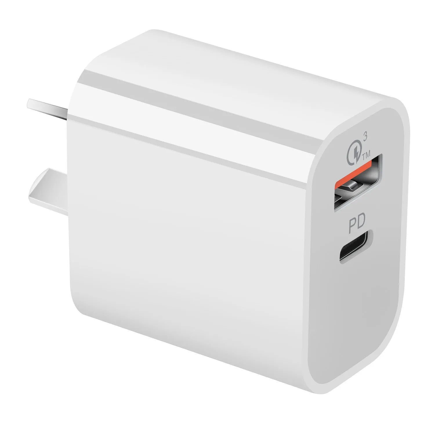 White Australian dual USB wall charger with Type-A and Type-C ports measuring 63x40x22mm