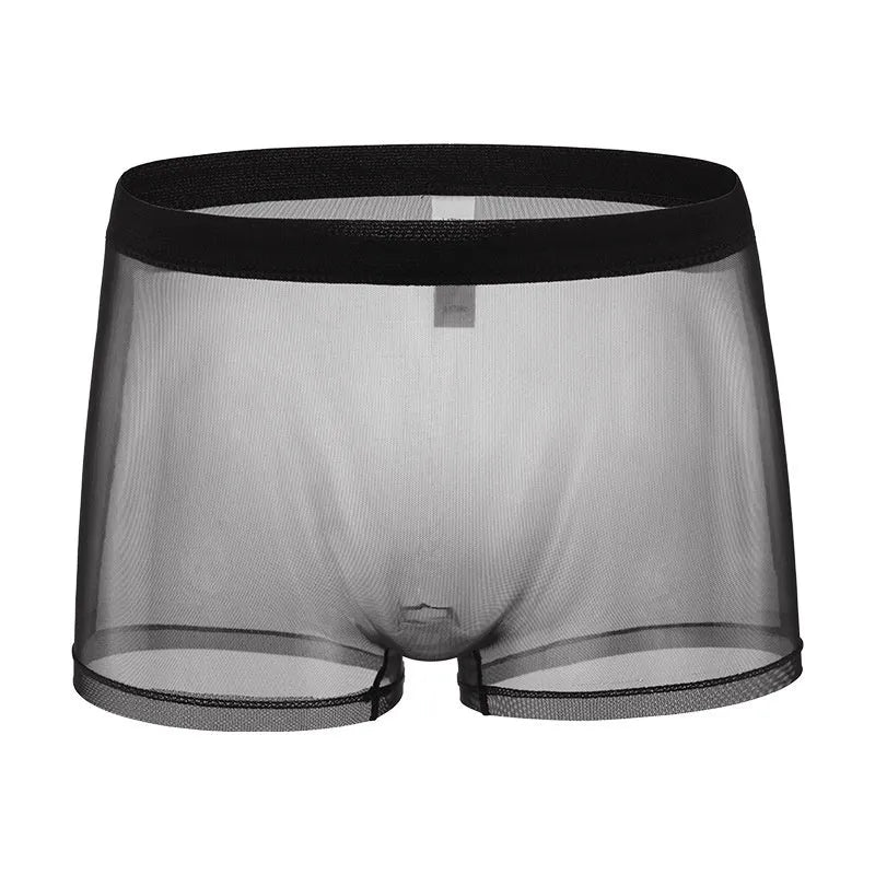 Men's thin mesh boxer briefs in low-waist design on a colour background.