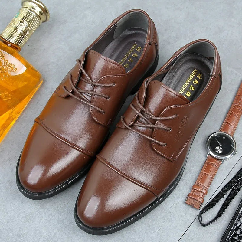 Men's black formal lace-up shoes with stitching details on PU leather upper
