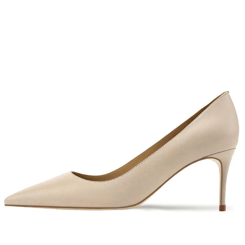 Women's nude pointed toe high heel mules with lace-up detail and soft rubber sole