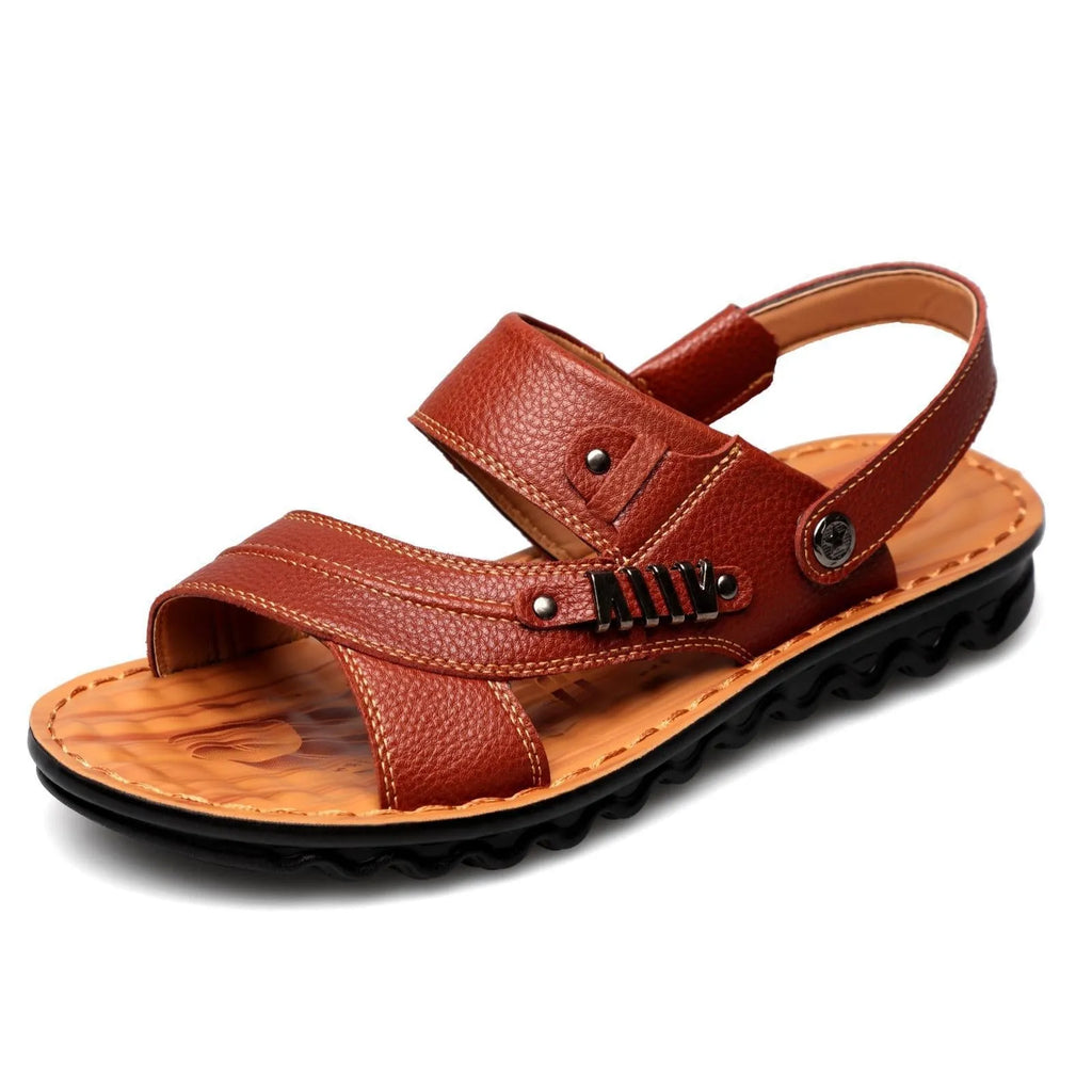 First layer cowhide men's open toe sandals with non-slip rubber sole, colour black