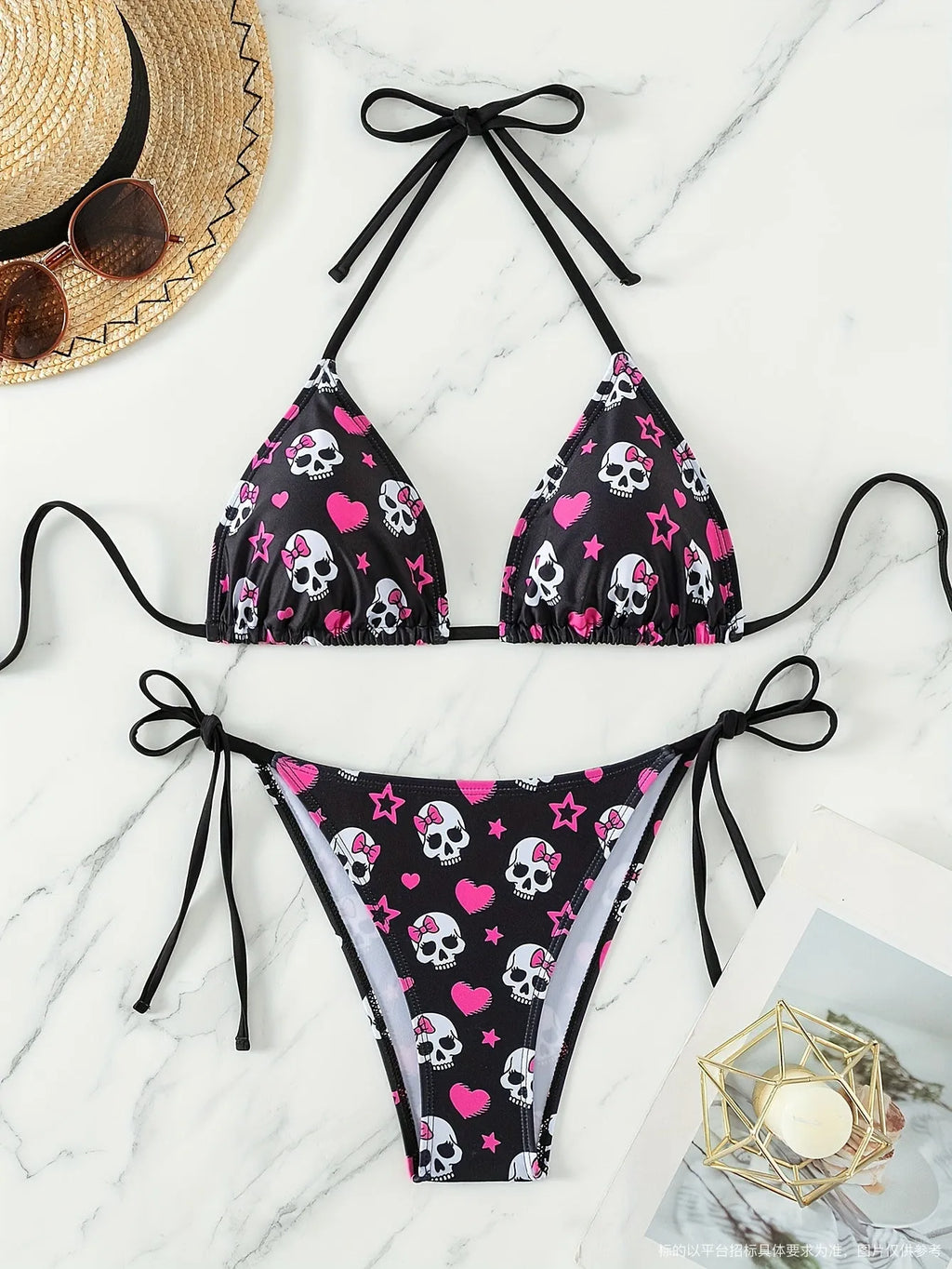 Spider print backless triangle bikini top and shorts set for swimming