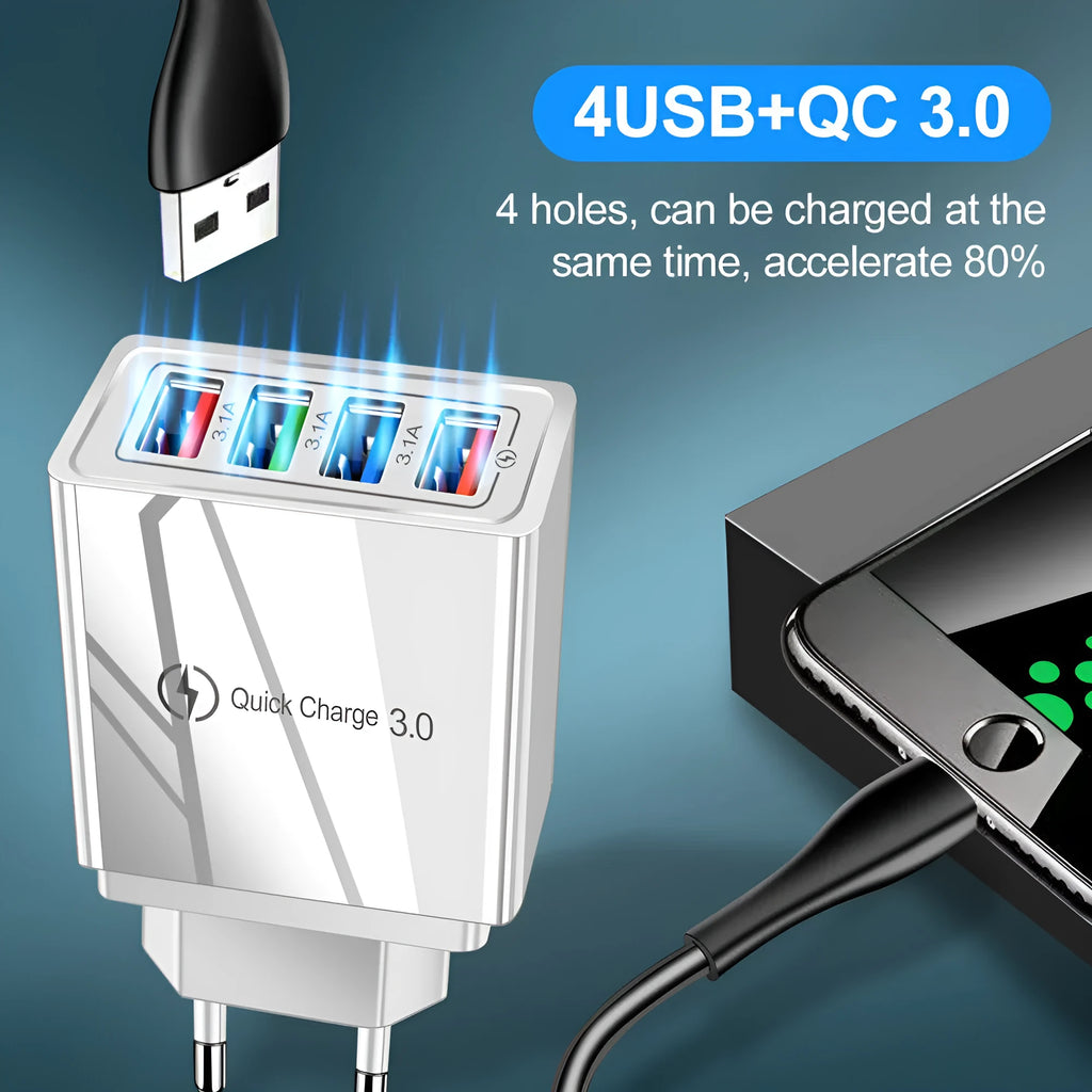 Luminous colour 4-port USB wall charger with choice of US, EU, or UK plug on a purple box.