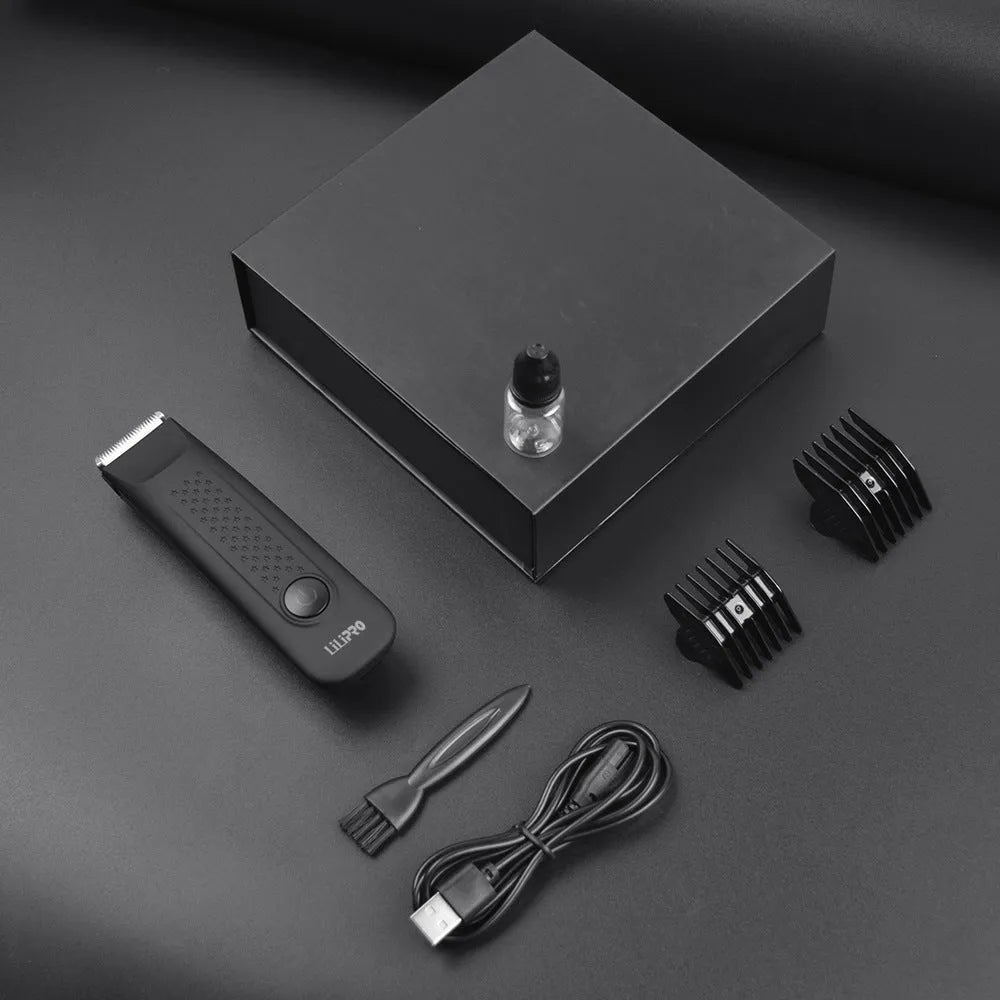 Black men's body hair shaver with ceramic blade and two-way limit comb on a white background