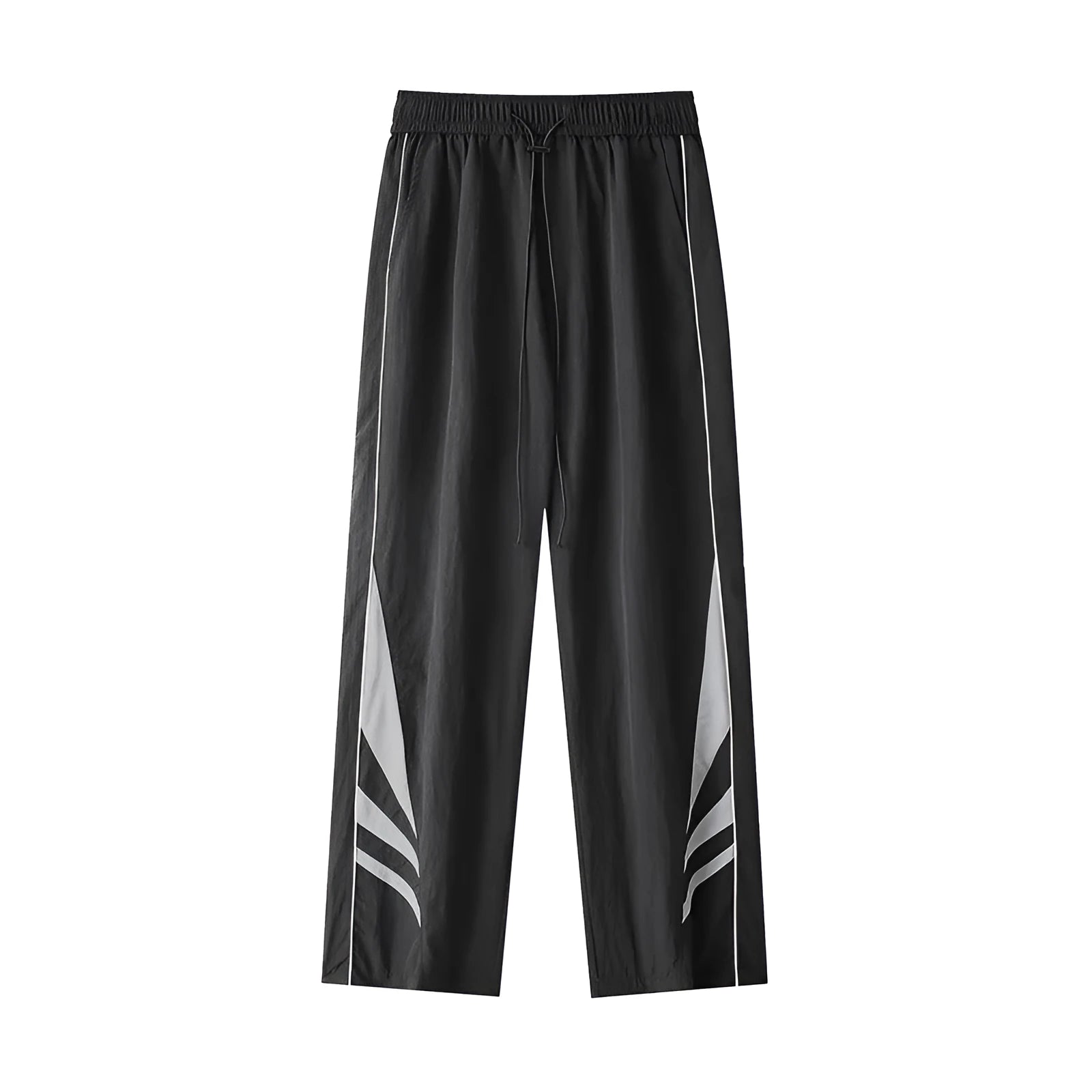 Men's black plus-size straight-leg casual trousers on a grey background, showing button detail and loose fit.