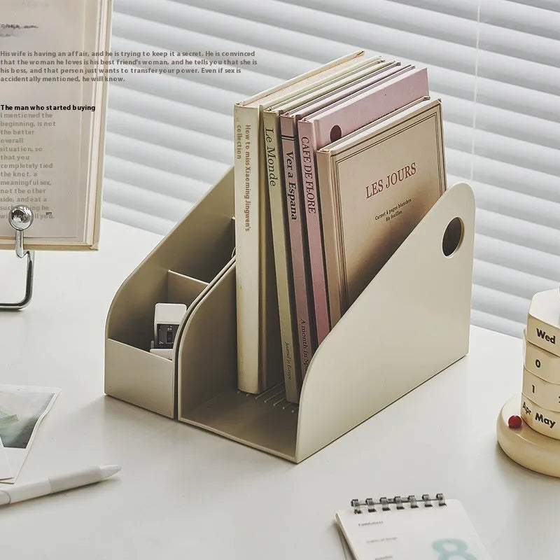 Desktop plastic storage box with two-layer shelf design in milk coffee colour
