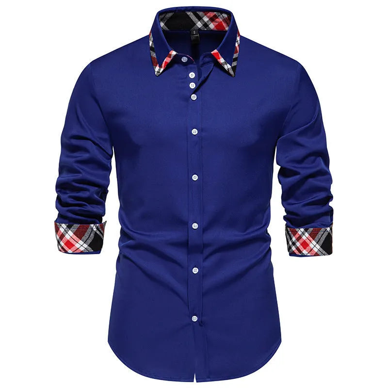 Men's blue plaid long sleeve shirt with a black triangle contrast collar.