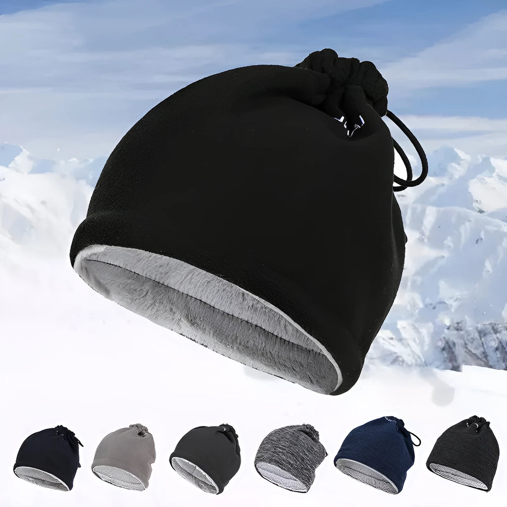 Outdoor plush hat with bib neck protection in dark grey, dome crown, cotton fabric, one size 55-60cm