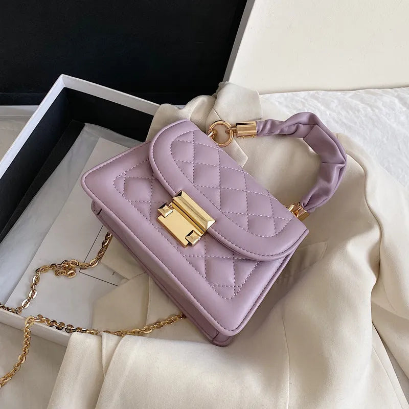 Korean-style purple square shoulder bag showing tapered 16-19cm width with crossbody strap