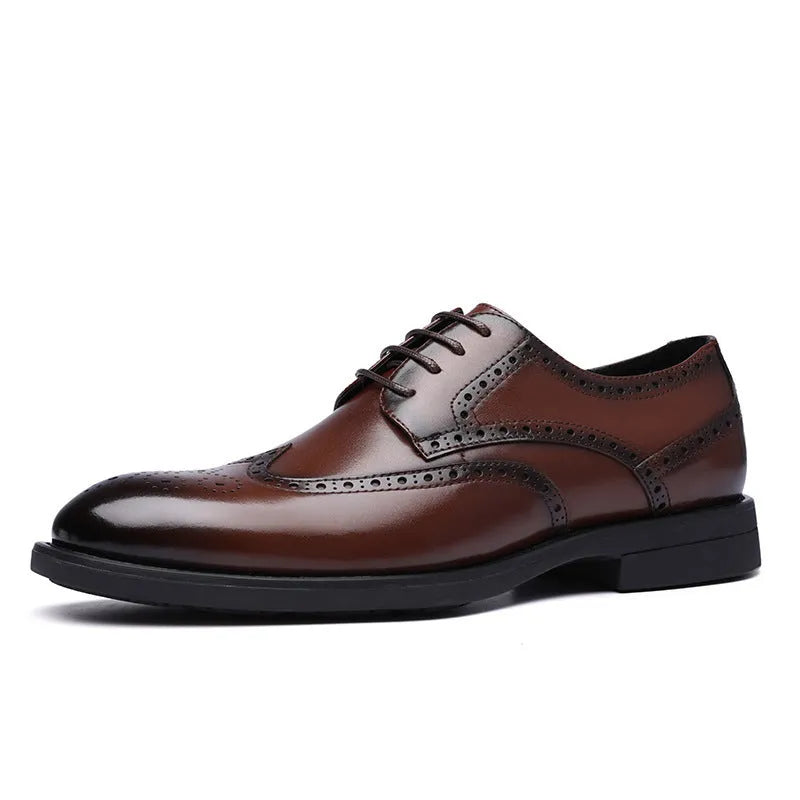 Men's black and brown brogue business shoes with traditional perforated detailing on PU leather upper