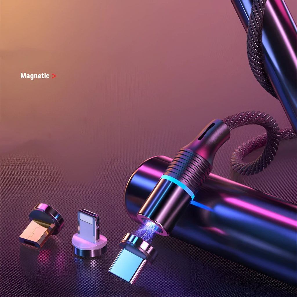 Black magnetic data cable with three detachable heads for Apple Android and Type-C devices, 2m length