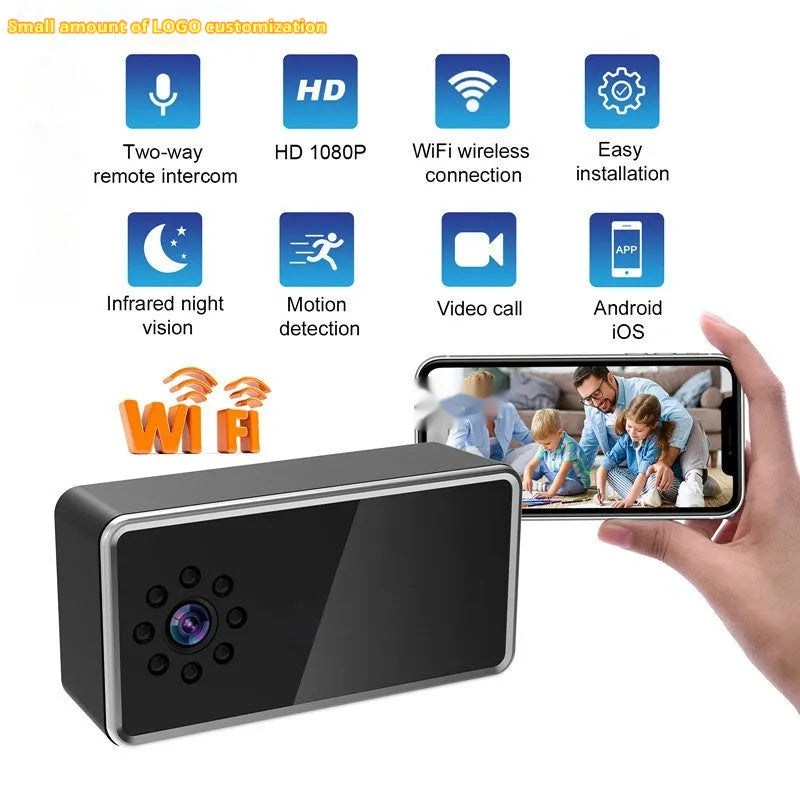 Wireless network surveillance camera showing front view with lens and compact rectangular housing