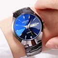 Couple's quartz watch with 8mm case, alloy strap, and 30M waterproof rating in radar black and rose gold
