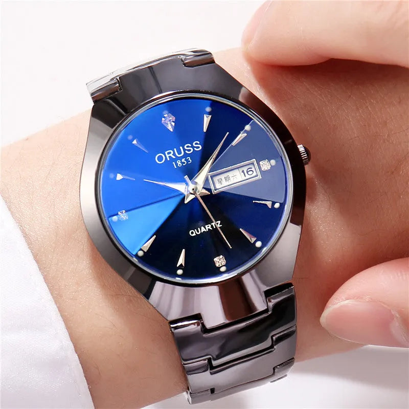 Couple's quartz watch with 8mm case, alloy strap, and 30M waterproof rating in radar black and rose gold