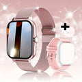 Black and gold smart watch with 1.44-inch touch screen and silicone strap on a wrist