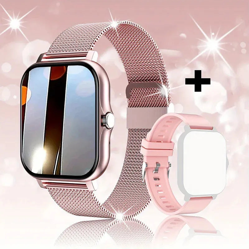 Black and gold smart watch with 1.44-inch touch screen and silicone strap on a wrist