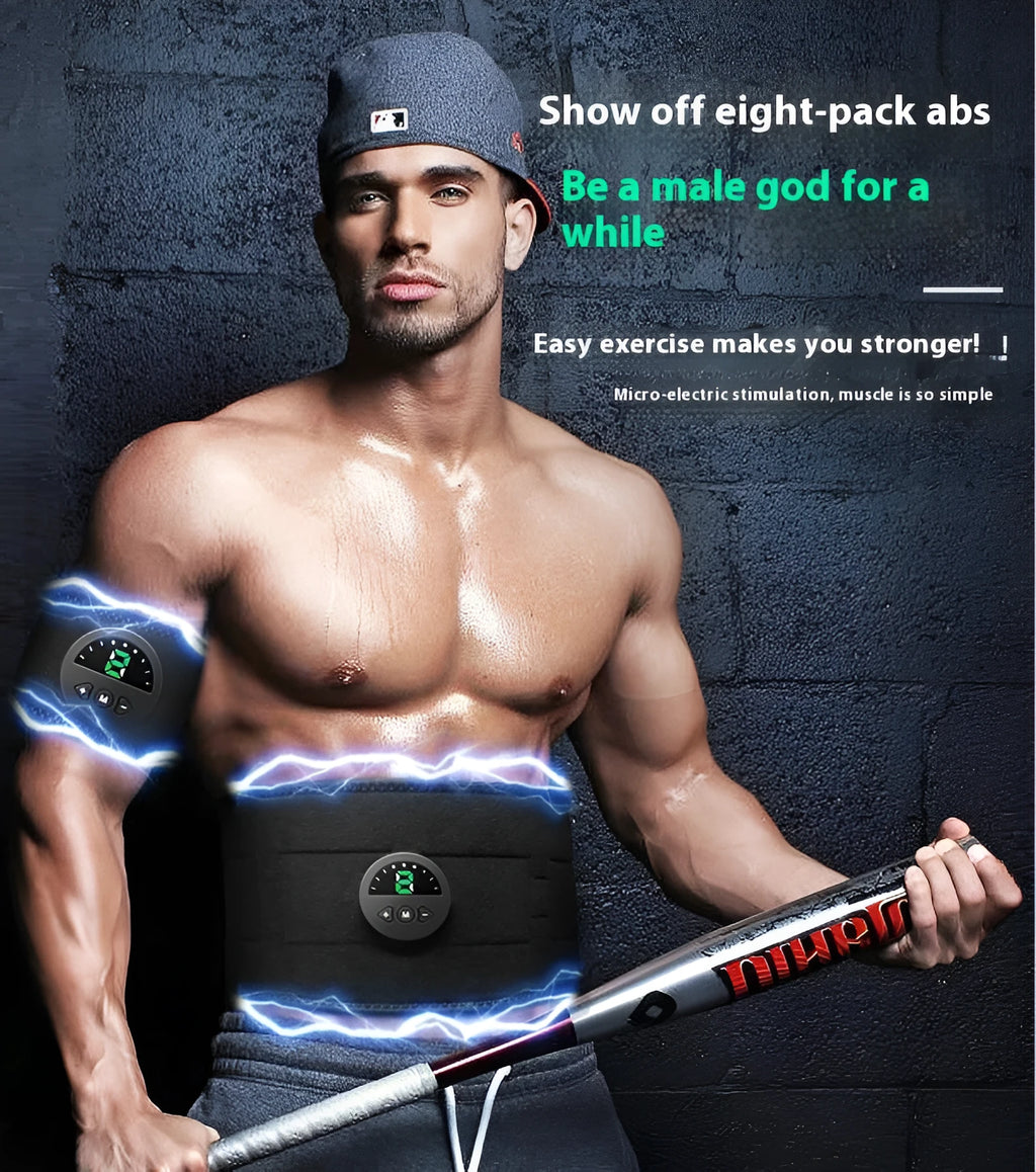 Black fitness belt with digital display screen for waist and abdomen workouts.