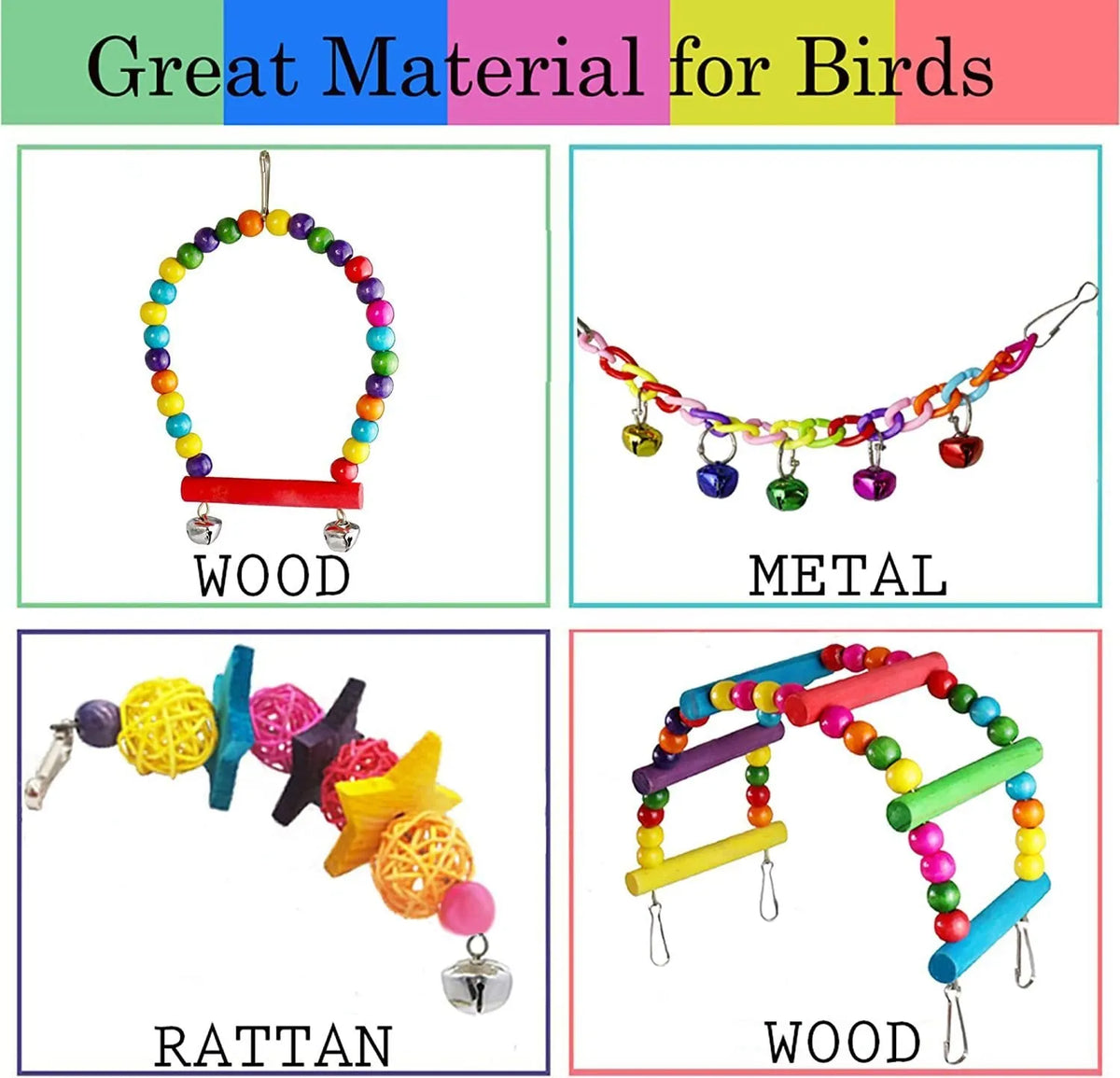 Seven-piece wooden parrot toy set for bird cage accessories, supplied as one pack for parrots and birds