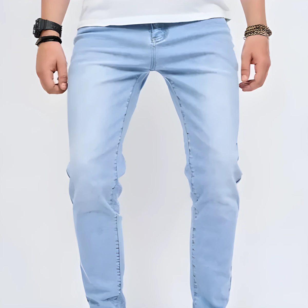 Men's light blue slim fit stretch skinny jeans, cotton denim full-length casual trousers in sizes S to 2XL