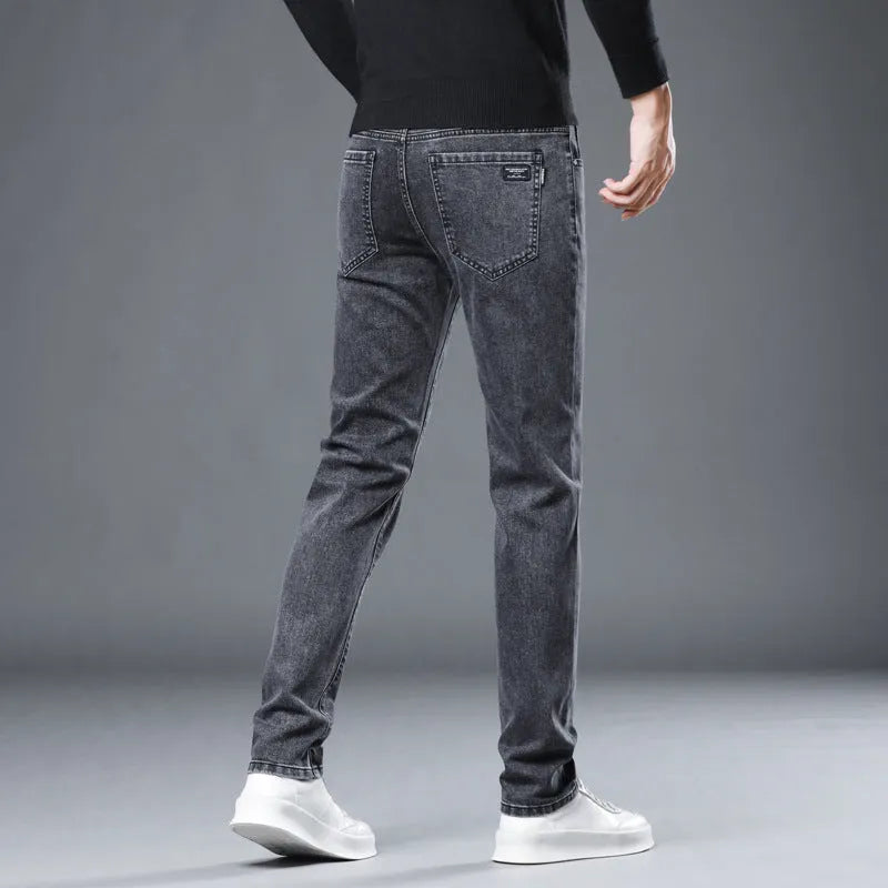 Men's stretch slim straight jeans cotton non-iron zipper fly two colours straight-leg style