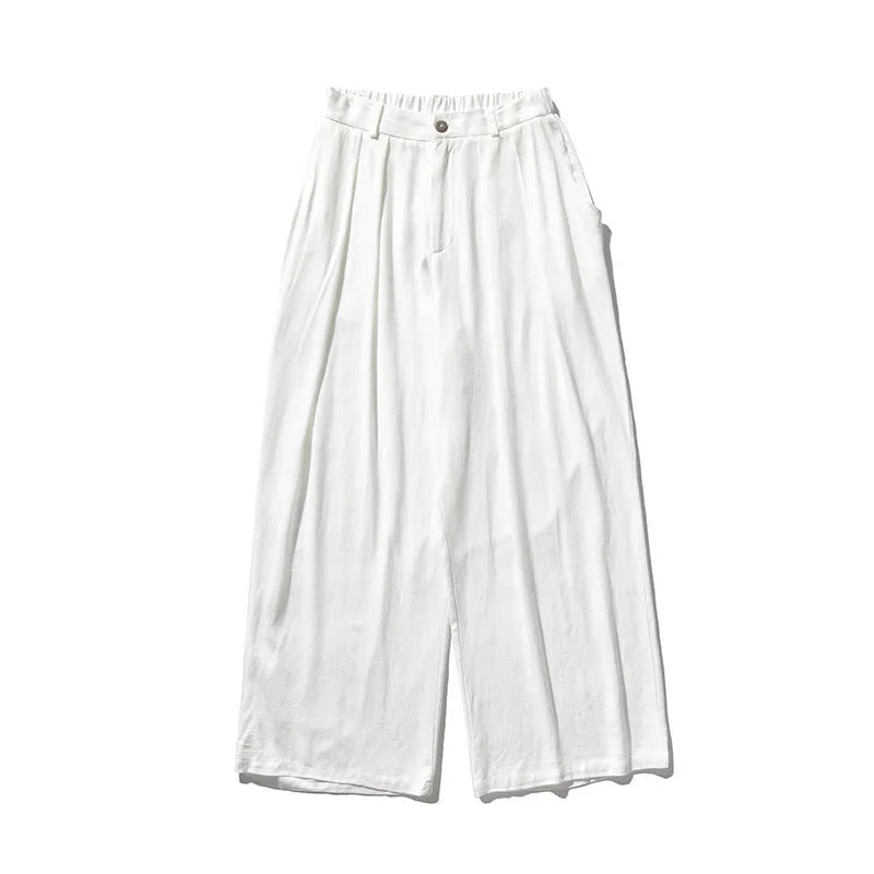 Men's straight-leg linen trousers in beige with drawstring waist, available in Asian sizes M to 5XL